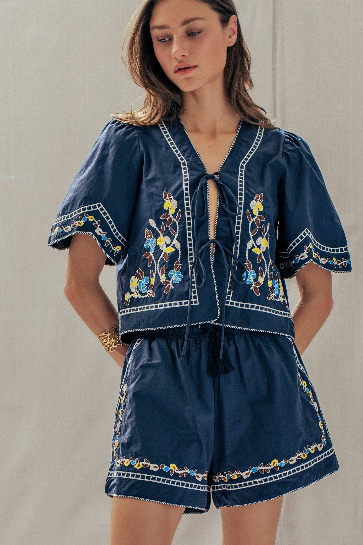 Floral Embroidered Tie Front Cotton Top
