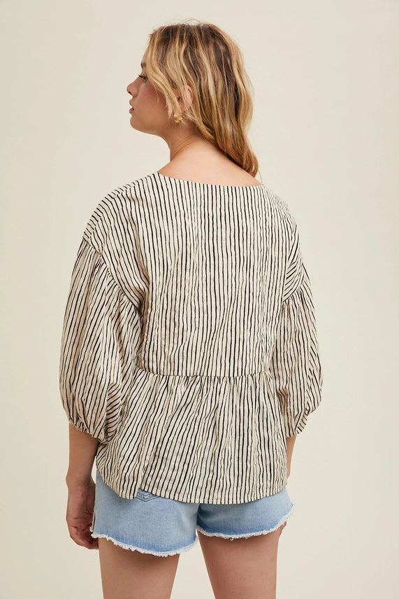 Striped 3/4th Balloon Sleeve Top