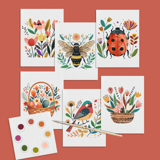 All in One Watercolor Prints/ Postcards : Spring Folk Art