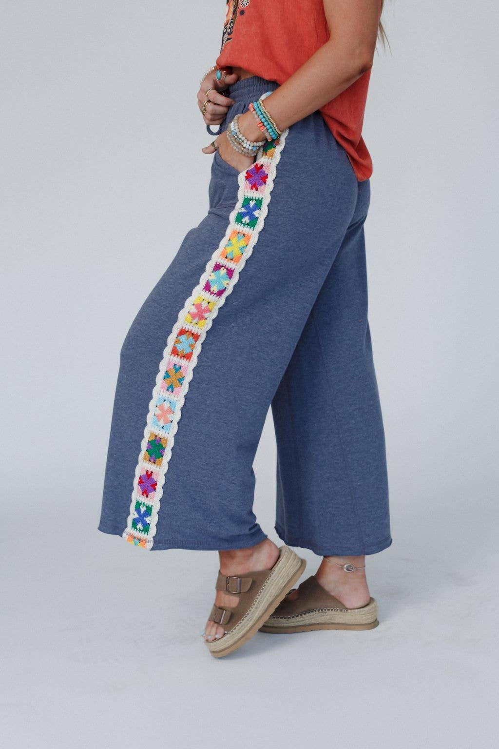 Love Seeker Crochet Panel Pants - Heather Navy