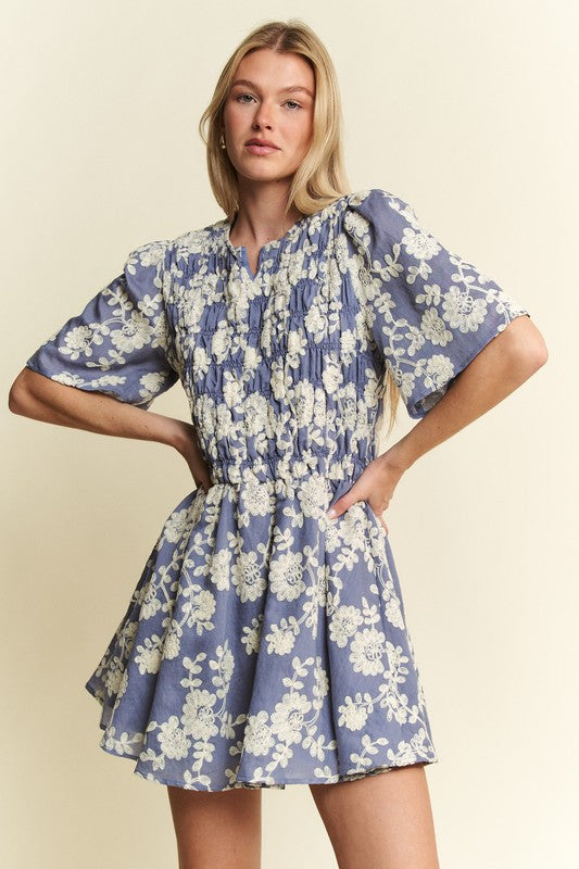 Floral Print Embroided Mini Dress