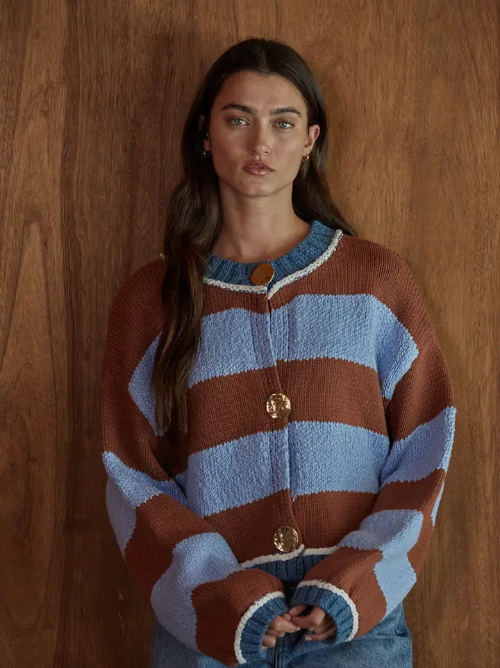 Knit Sweater Cotton Acrylic Nylon Striped Cardigan