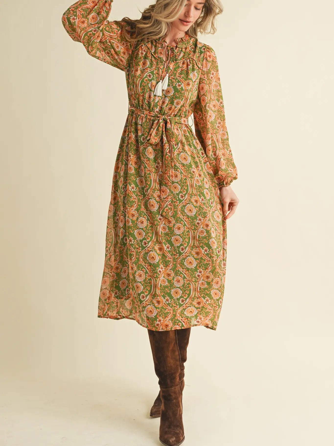 Exclusive Floral Print Belted Midi Dress