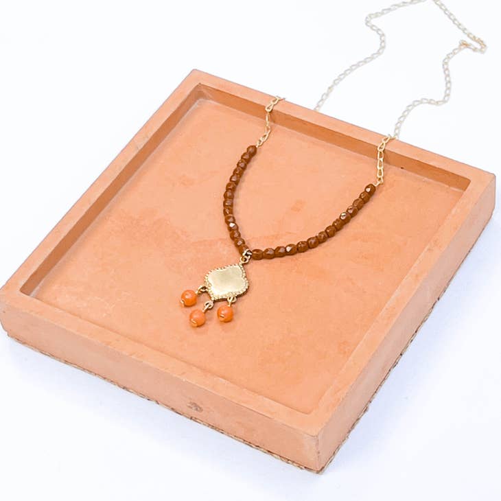 Small Pendant Coral and Brown Bead Necklace