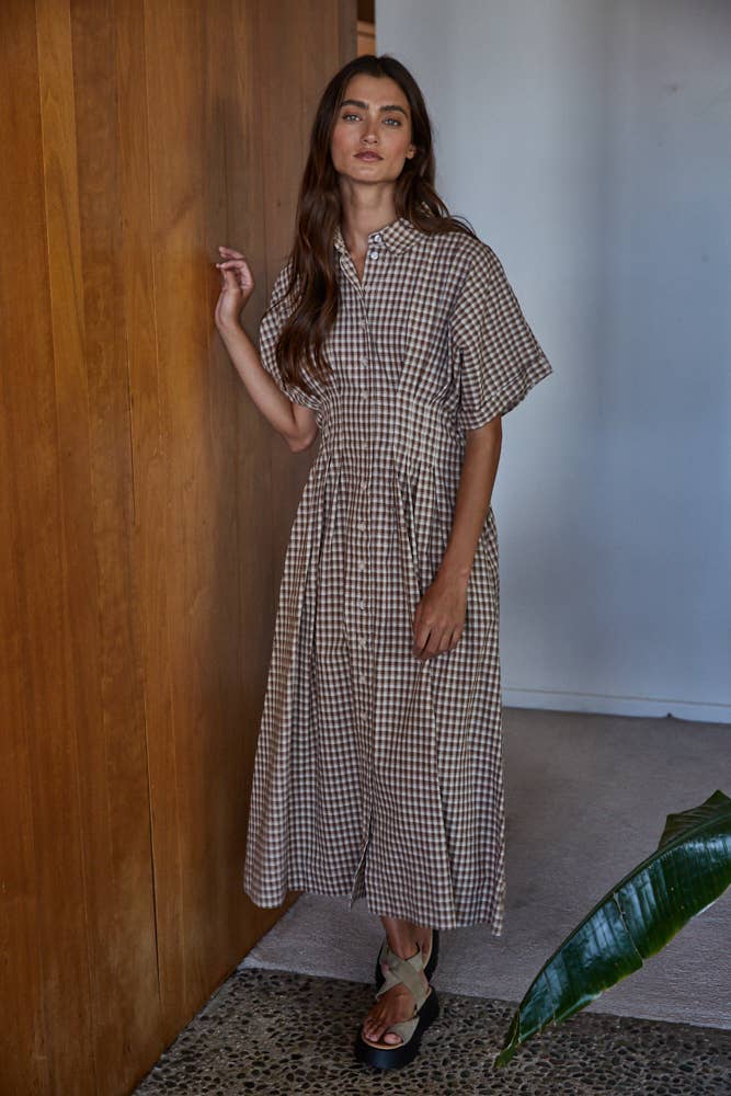Cotton Gingham Print Button Down Flare Maxi
