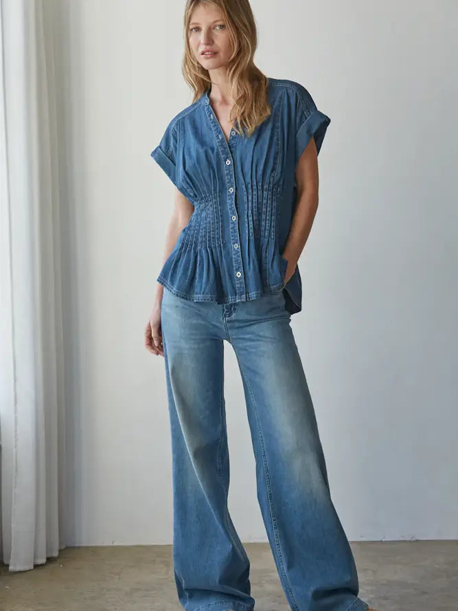 Denim Pleated Button Down Top
