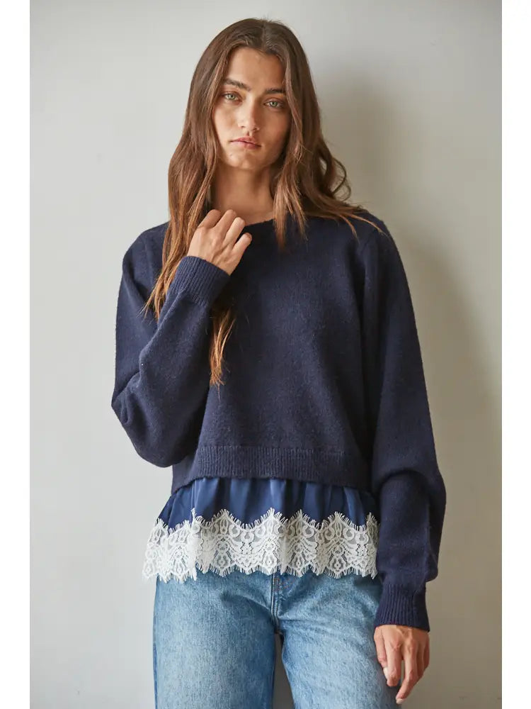 Knit Sweater Twofer Top Satin Lace Trim Detail