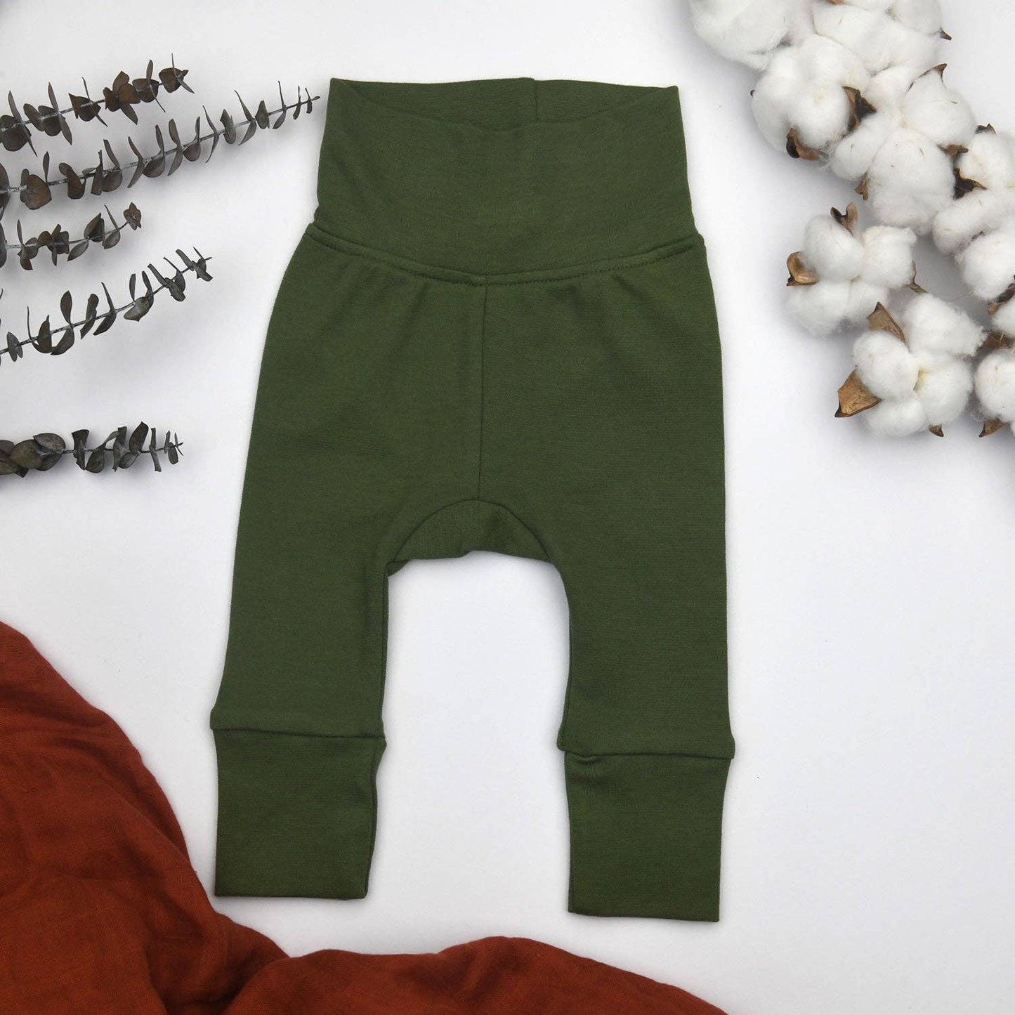 Organic Cotton High Waist Baby Pants, Pine Green